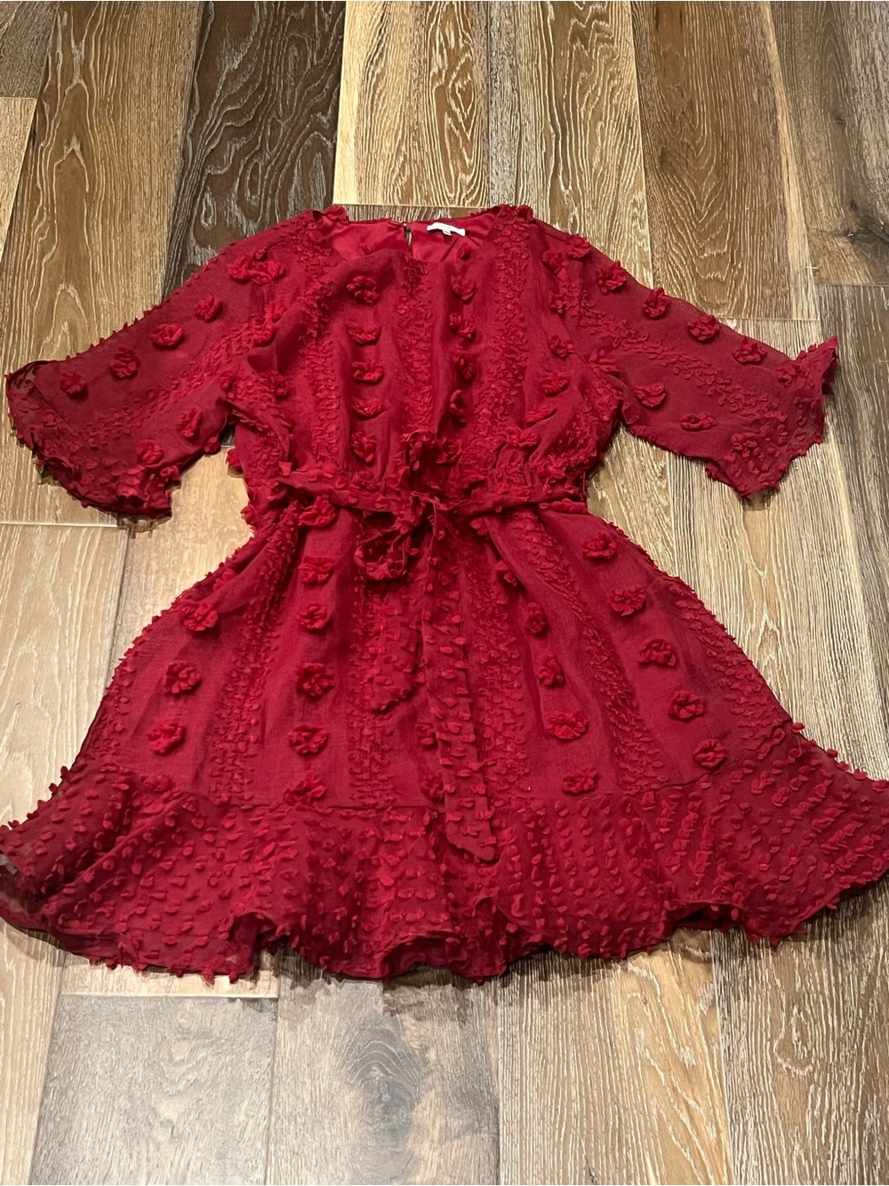 JODIFL Red Textured Pom-Pom Mini Dress with elastic Waist with belt.Size Large